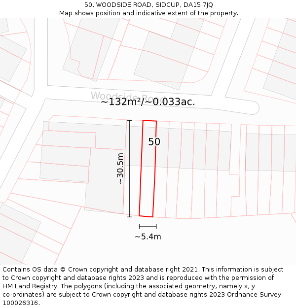 50, WOODSIDE ROAD, SIDCUP, DA15 7JQ: Plot and title map