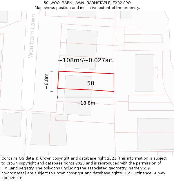50, WOOLBARN LAWN, BARNSTAPLE, EX32 8PQ: Plot and title map