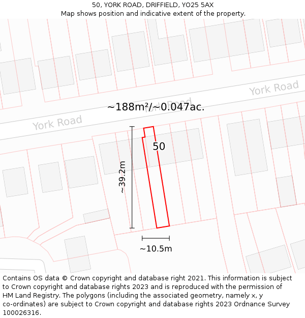 50, YORK ROAD, DRIFFIELD, YO25 5AX: Plot and title map