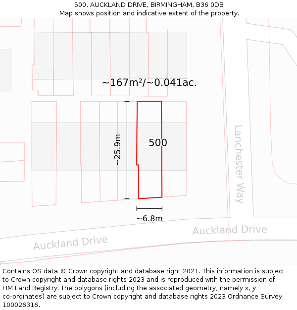 500, AUCKLAND DRIVE, BIRMINGHAM, B36 0DB: Plot and title map