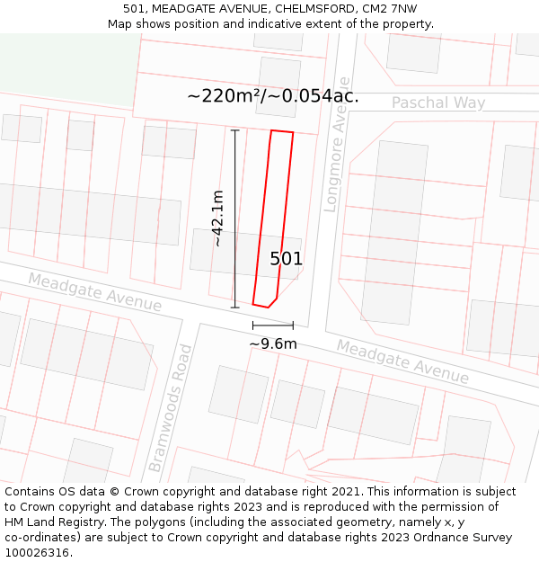 501, MEADGATE AVENUE, CHELMSFORD, CM2 7NW: Plot and title map