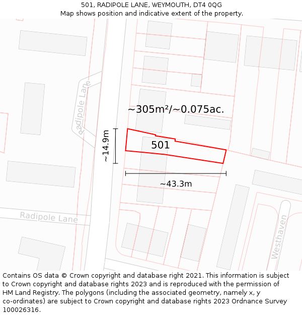 501, RADIPOLE LANE, WEYMOUTH, DT4 0QG: Plot and title map