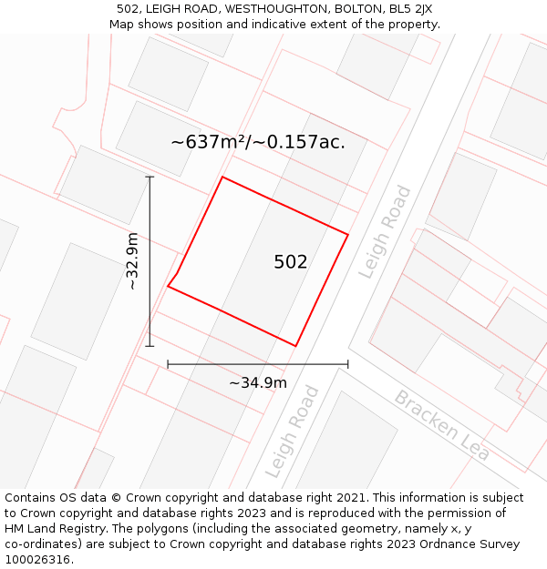 502, LEIGH ROAD, WESTHOUGHTON, BOLTON, BL5 2JX: Plot and title map