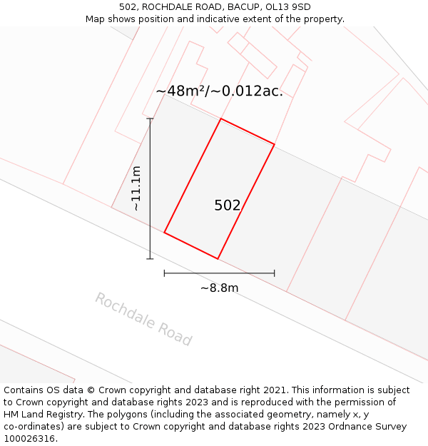 502, ROCHDALE ROAD, BACUP, OL13 9SD: Plot and title map