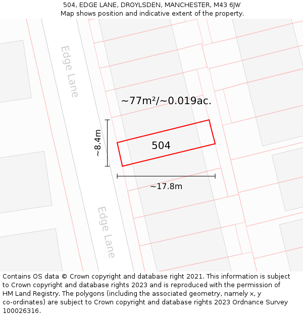 504, EDGE LANE, DROYLSDEN, MANCHESTER, M43 6JW: Plot and title map