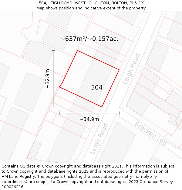504, LEIGH ROAD, WESTHOUGHTON, BOLTON, BL5 2JX: Plot and title map