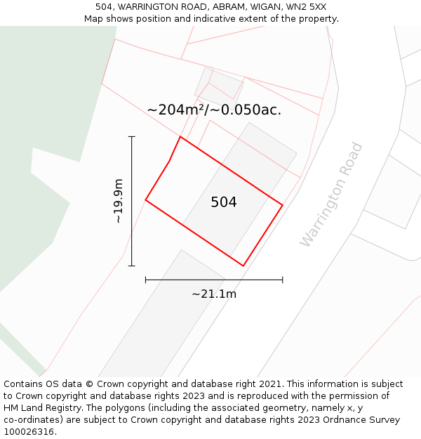 504, WARRINGTON ROAD, ABRAM, WIGAN, WN2 5XX: Plot and title map