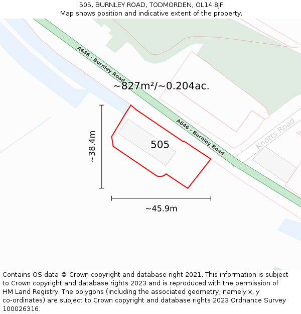 505, BURNLEY ROAD, TODMORDEN, OL14 8JF: Plot and title map