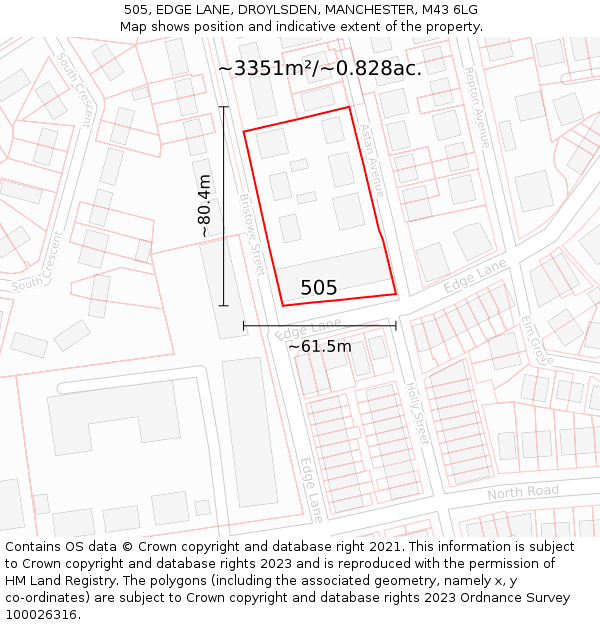 505, EDGE LANE, DROYLSDEN, MANCHESTER, M43 6LG: Plot and title map