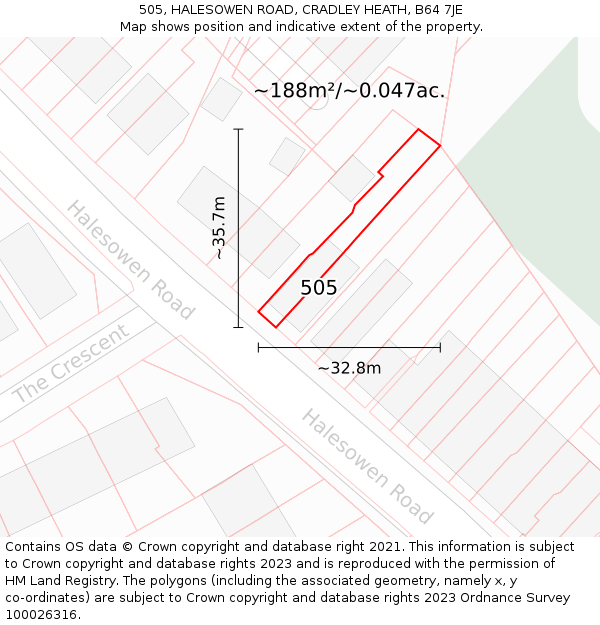 505, HALESOWEN ROAD, CRADLEY HEATH, B64 7JE: Plot and title map