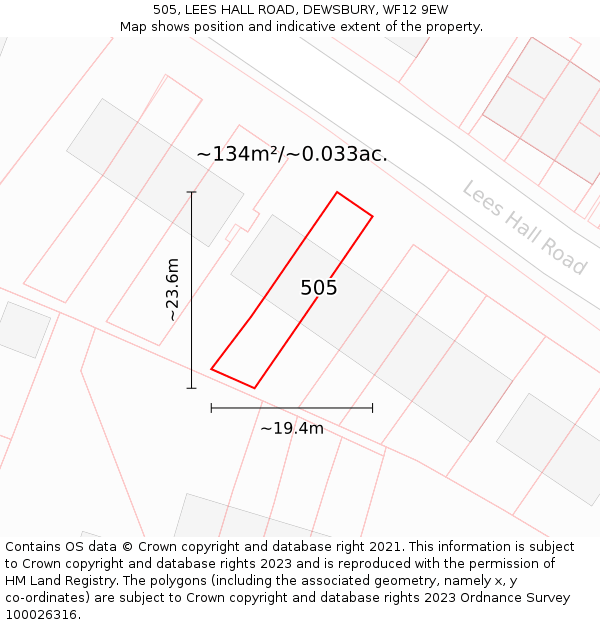 505, LEES HALL ROAD, DEWSBURY, WF12 9EW: Plot and title map
