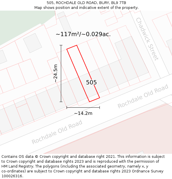 505, ROCHDALE OLD ROAD, BURY, BL9 7TB: Plot and title map