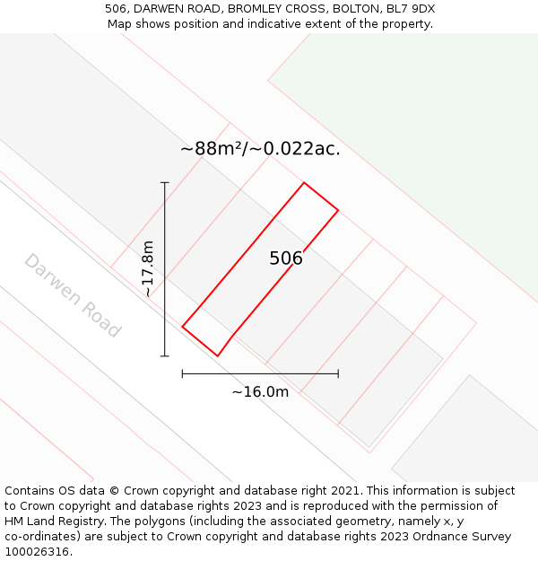 506, DARWEN ROAD, BROMLEY CROSS, BOLTON, BL7 9DX: Plot and title map