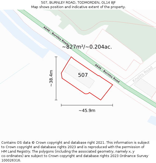 507, BURNLEY ROAD, TODMORDEN, OL14 8JF: Plot and title map
