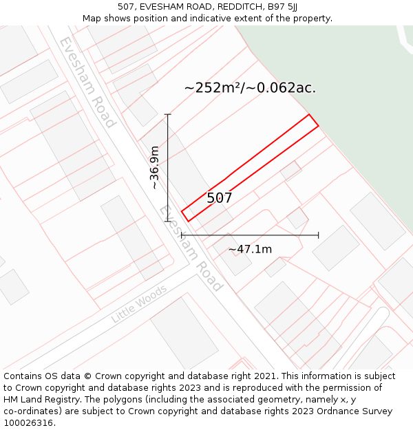 507, EVESHAM ROAD, REDDITCH, B97 5JJ: Plot and title map
