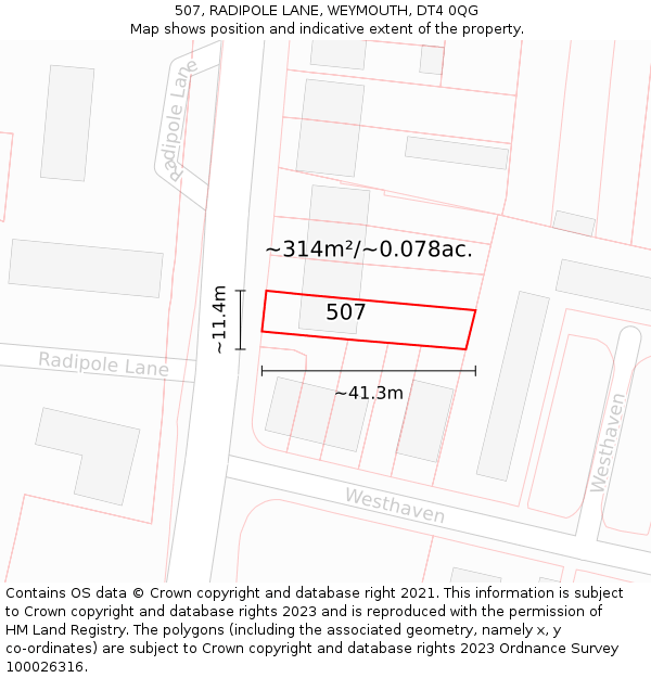 507, RADIPOLE LANE, WEYMOUTH, DT4 0QG: Plot and title map