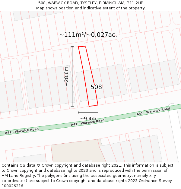 508, WARWICK ROAD, TYSELEY, BIRMINGHAM, B11 2HP: Plot and title map