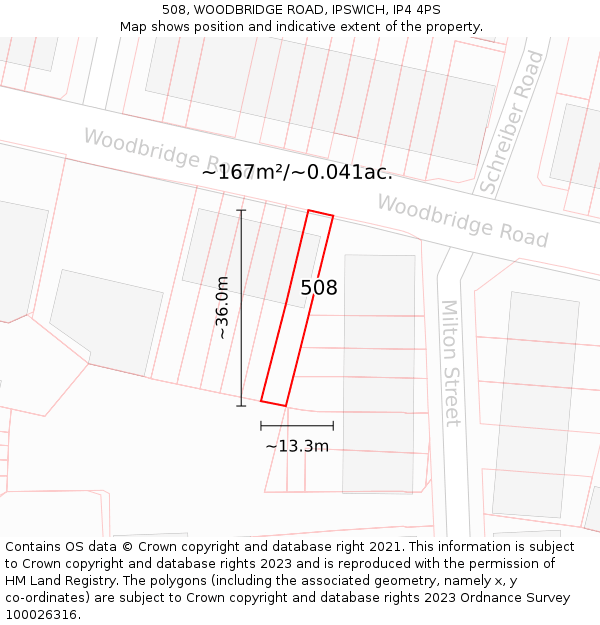 508, WOODBRIDGE ROAD, IPSWICH, IP4 4PS: Plot and title map