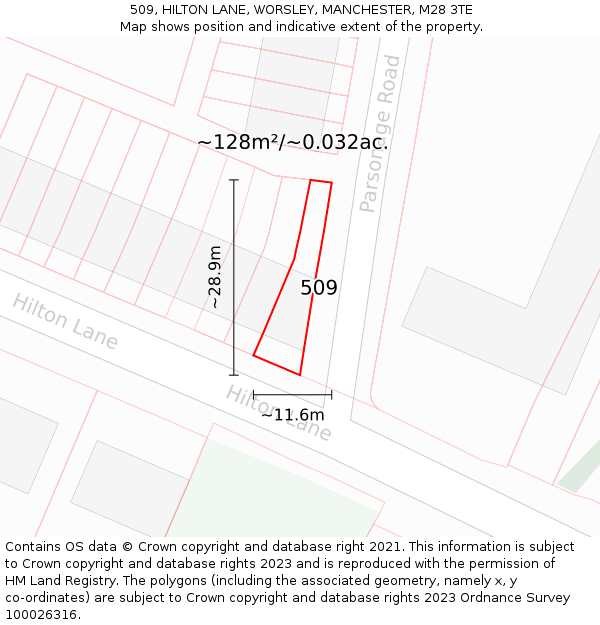 509, HILTON LANE, WORSLEY, MANCHESTER, M28 3TE: Plot and title map