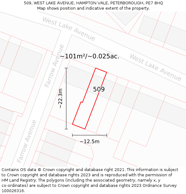 509, WEST LAKE AVENUE, HAMPTON VALE, PETERBOROUGH, PE7 8HQ: Plot and title map