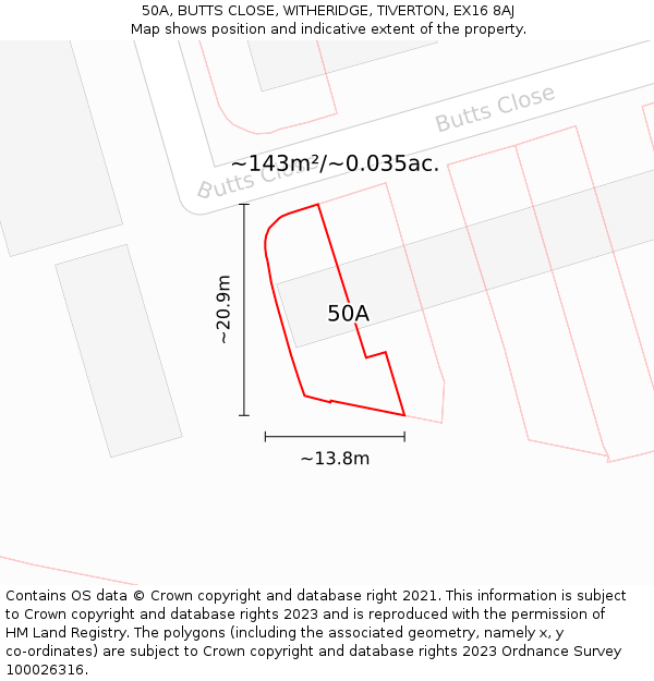 50A, BUTTS CLOSE, WITHERIDGE, TIVERTON, EX16 8AJ: Plot and title map