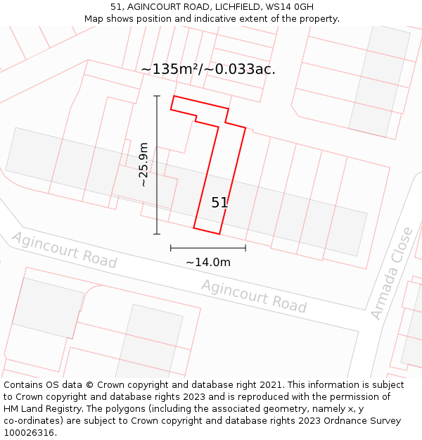 51, AGINCOURT ROAD, LICHFIELD, WS14 0GH: Plot and title map