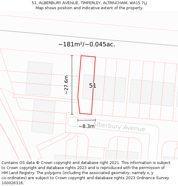 51, ALBERBURY AVENUE, TIMPERLEY, ALTRINCHAM, WA15 7LJ: Plot and title map