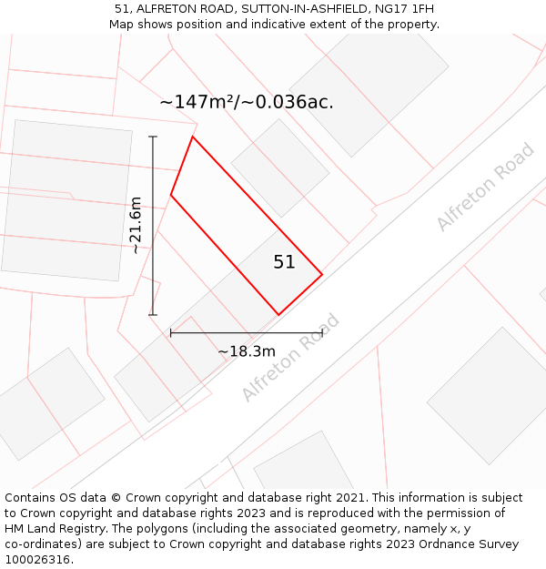 51, ALFRETON ROAD, SUTTON-IN-ASHFIELD, NG17 1FH: Plot and title map