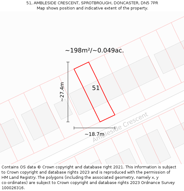 51, AMBLESIDE CRESCENT, SPROTBROUGH, DONCASTER, DN5 7PR: Plot and title map
