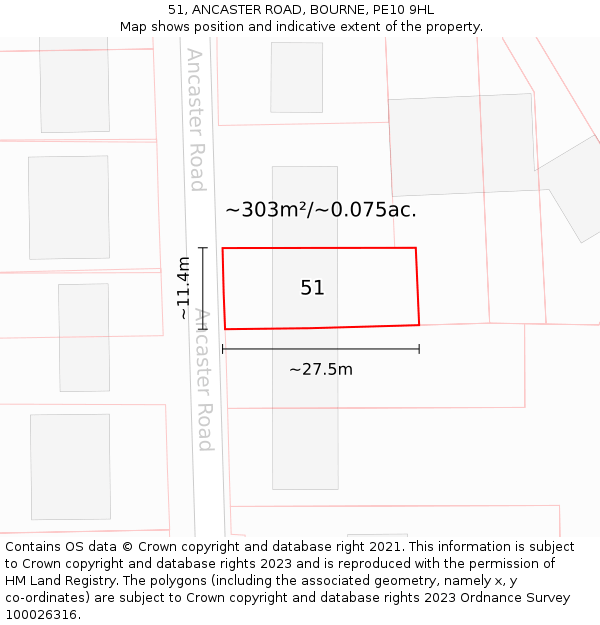 51, ANCASTER ROAD, BOURNE, PE10 9HL: Plot and title map