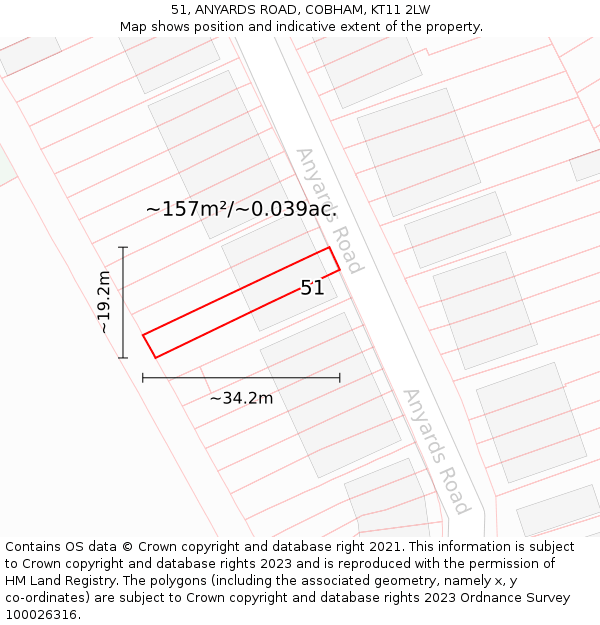 51, ANYARDS ROAD, COBHAM, KT11 2LW: Plot and title map