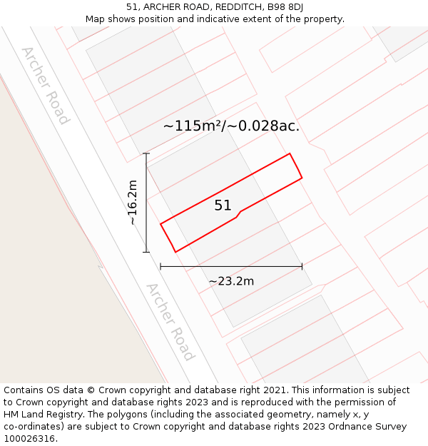 51, ARCHER ROAD, REDDITCH, B98 8DJ: Plot and title map