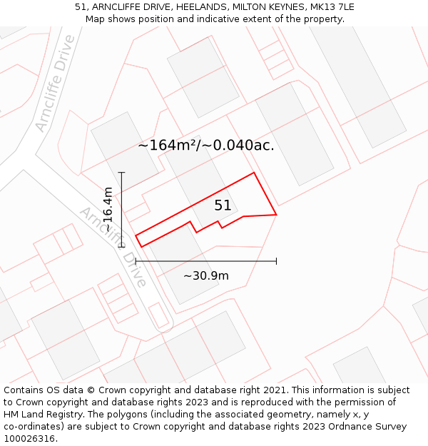 51, ARNCLIFFE DRIVE, HEELANDS, MILTON KEYNES, MK13 7LE: Plot and title map