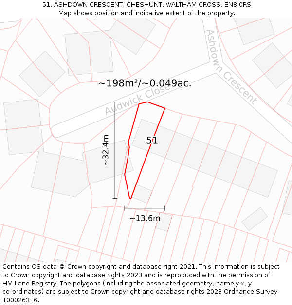 51, ASHDOWN CRESCENT, CHESHUNT, WALTHAM CROSS, EN8 0RS: Plot and title map