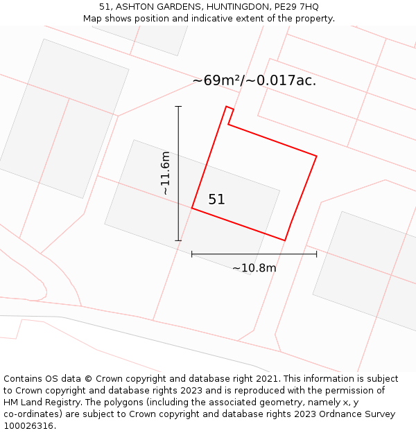 51, ASHTON GARDENS, HUNTINGDON, PE29 7HQ: Plot and title map