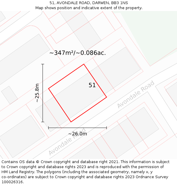 51, AVONDALE ROAD, DARWEN, BB3 1NS: Plot and title map