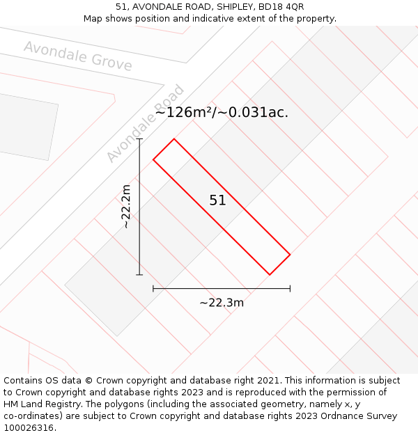 51, AVONDALE ROAD, SHIPLEY, BD18 4QR: Plot and title map