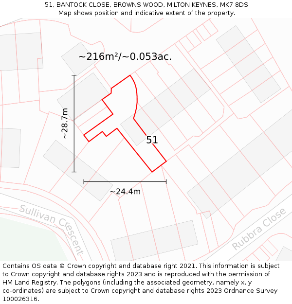 51, BANTOCK CLOSE, BROWNS WOOD, MILTON KEYNES, MK7 8DS: Plot and title map