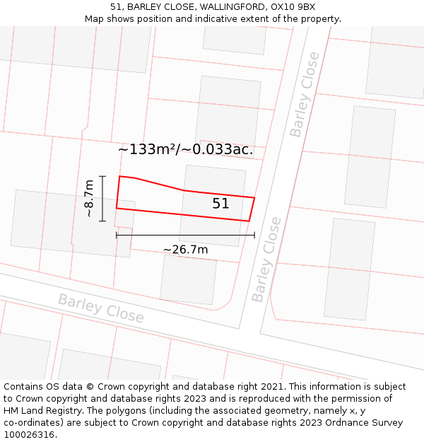 51, BARLEY CLOSE, WALLINGFORD, OX10 9BX: Plot and title map