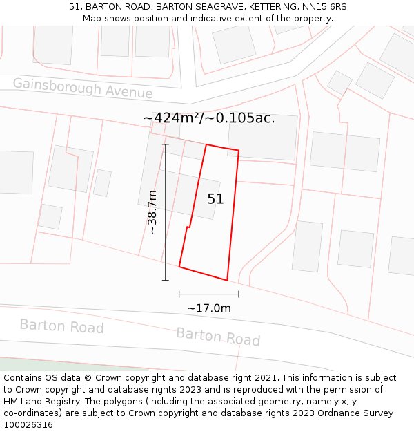 51, BARTON ROAD, BARTON SEAGRAVE, KETTERING, NN15 6RS: Plot and title map