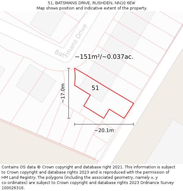 51, BATSMANS DRIVE, RUSHDEN, NN10 6EW: Plot and title map
