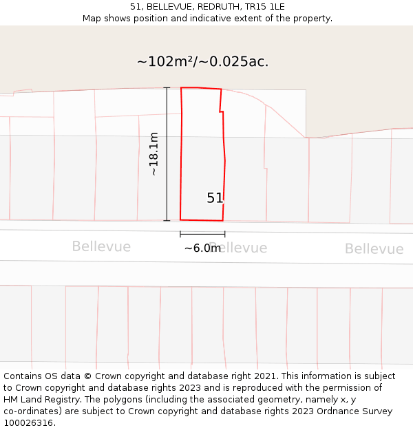 51, BELLEVUE, REDRUTH, TR15 1LE: Plot and title map
