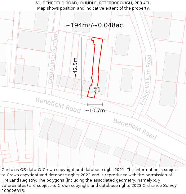 51, BENEFIELD ROAD, OUNDLE, PETERBOROUGH, PE8 4EU: Plot and title map