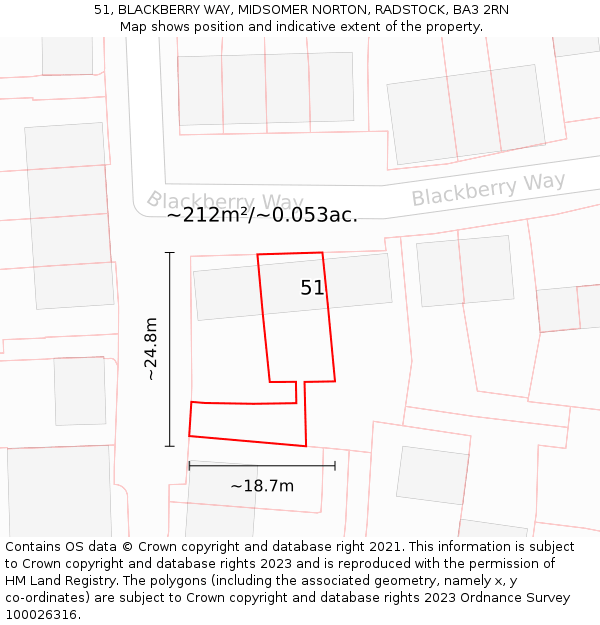 51, BLACKBERRY WAY, MIDSOMER NORTON, RADSTOCK, BA3 2RN: Plot and title map