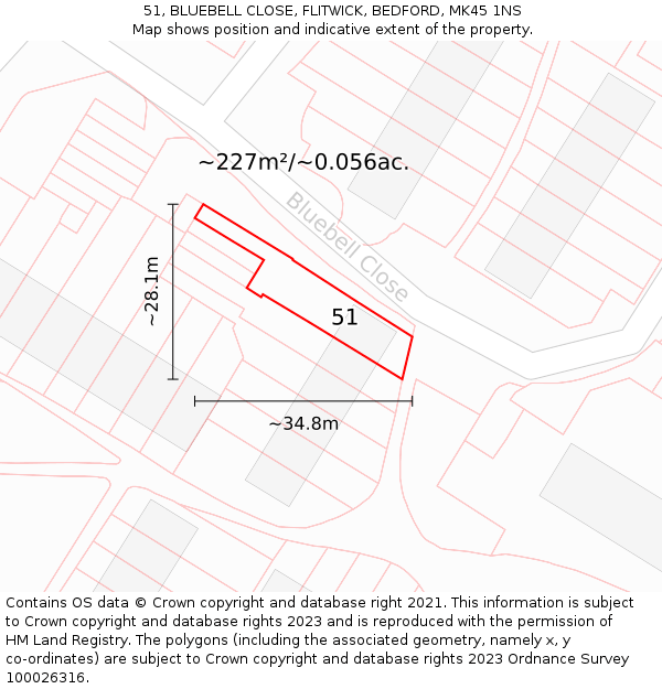51, BLUEBELL CLOSE, FLITWICK, BEDFORD, MK45 1NS: Plot and title map