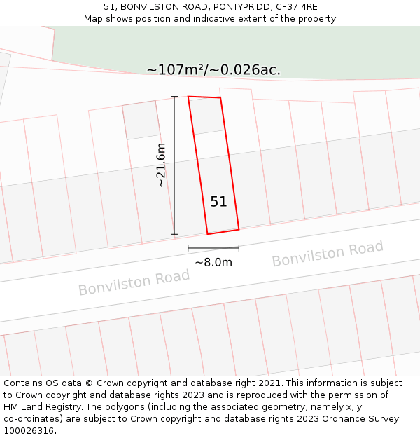 51, BONVILSTON ROAD, PONTYPRIDD, CF37 4RE: Plot and title map