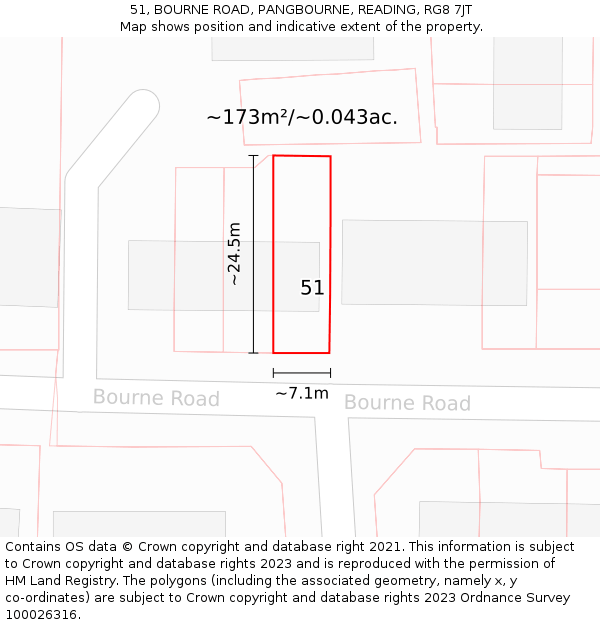 51, BOURNE ROAD, PANGBOURNE, READING, RG8 7JT: Plot and title map