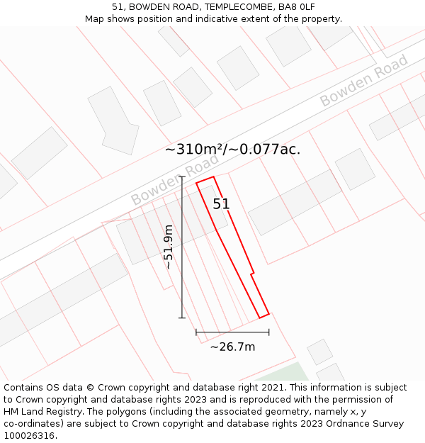 51, BOWDEN ROAD, TEMPLECOMBE, BA8 0LF: Plot and title map
