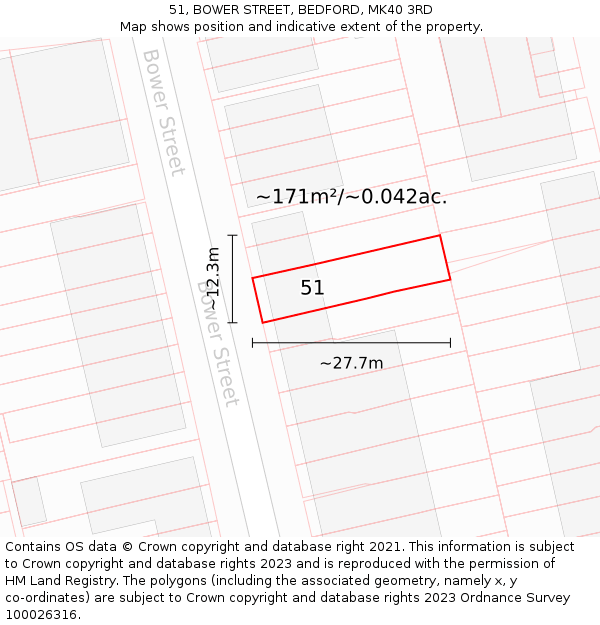 51, BOWER STREET, BEDFORD, MK40 3RD: Plot and title map