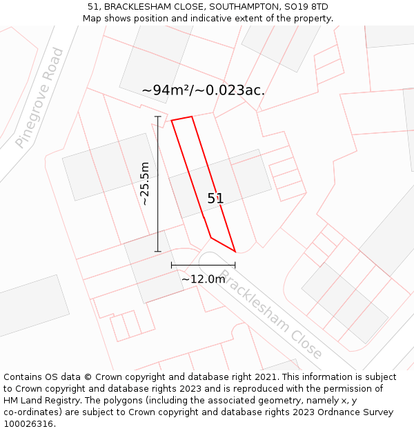 51, BRACKLESHAM CLOSE, SOUTHAMPTON, SO19 8TD: Plot and title map